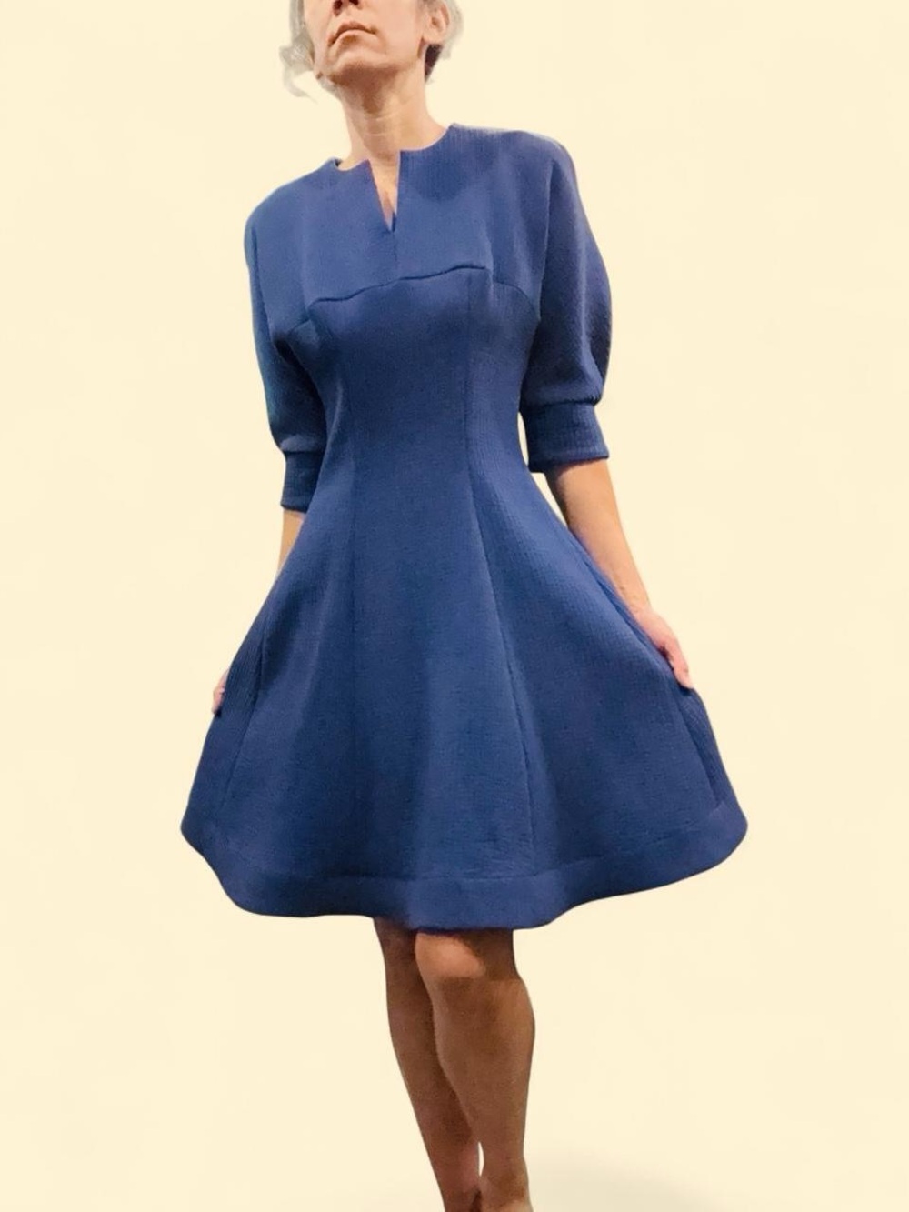 Tish Cox Navy Blue Fit Flare Dress XXS Sculptural Puff Sleeve Textured Midi